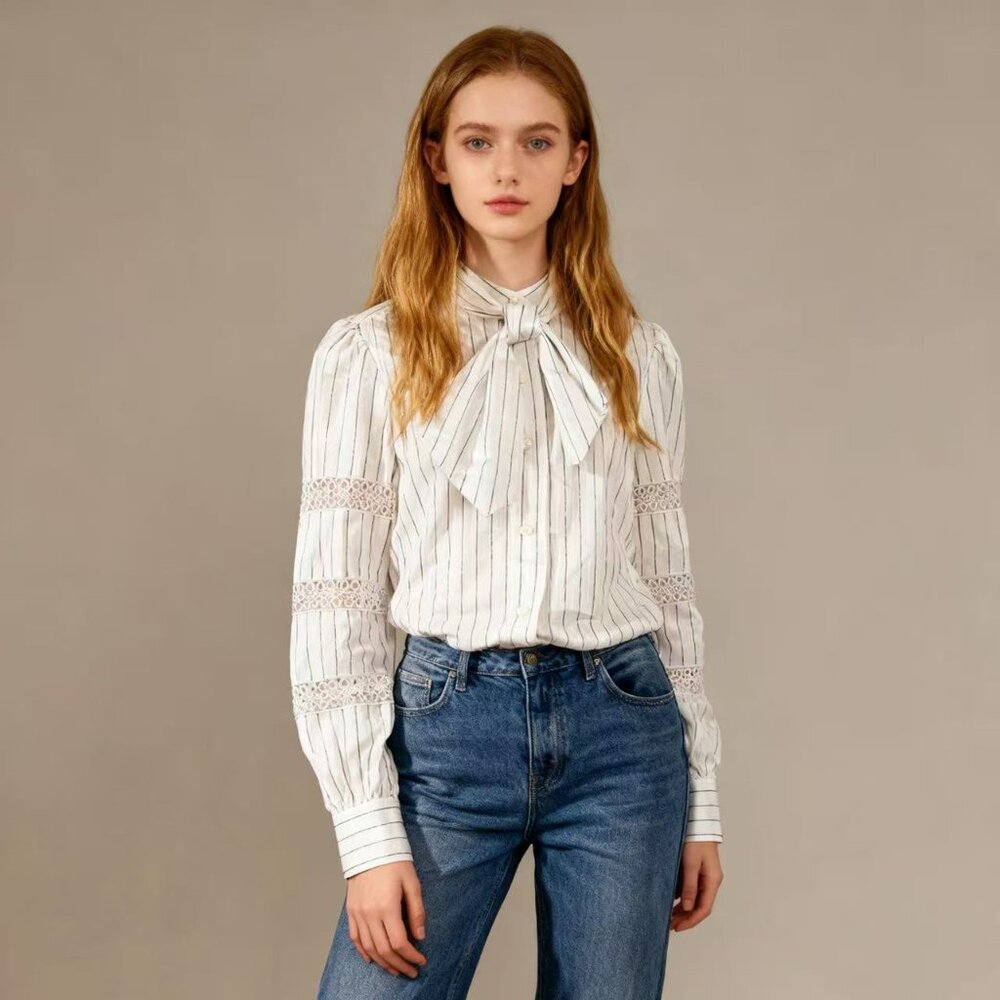 NWOT SEE BY CHLOÉ Embroidery Floral Tie-Neck Stripe Blouse Sz 36/4 Long Sleeves